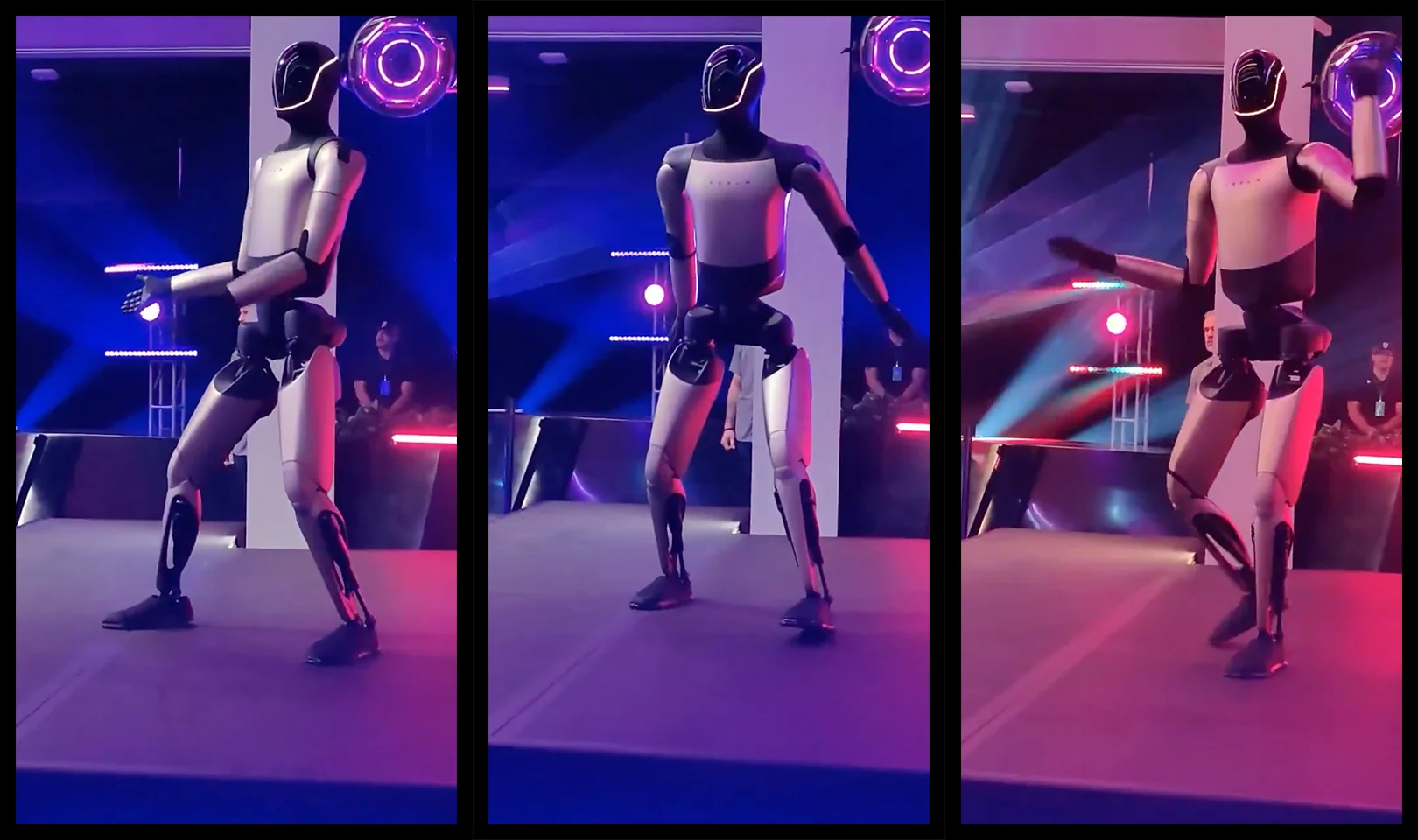 A collage of Tesla Optimus humanoid robot dancing at the Tesla shareholder meeting November 2025