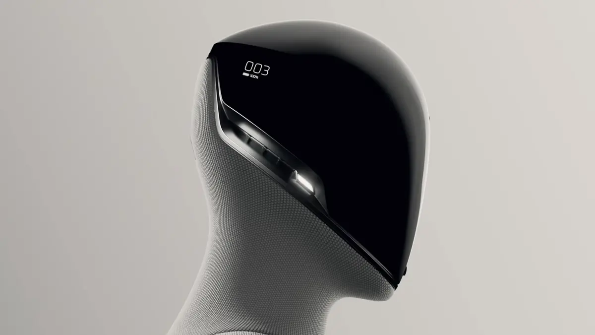 Close-up CGI view of the Figure 03's head, which is marked with '003' on the side.