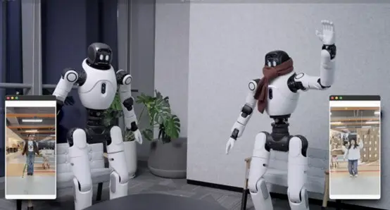 A visual demonstration of AgiBot's LinkCraft platform, showing two humanoid robots (one waving, one standing) precisely mirroring the poses of two humans shown in separate video feed windows.