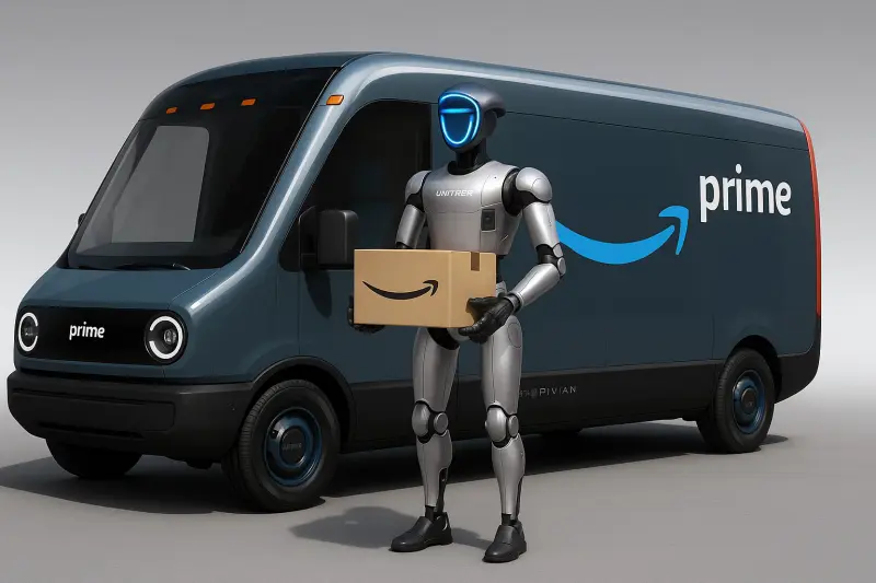 AI generated image showing a Unitree robot standing in front of an Amazon delivery truck with a package in its hands