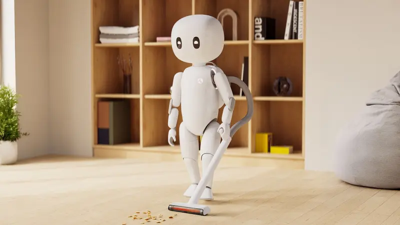A computer render of a Cartwheel Robotics robot using a vacuum cleaner