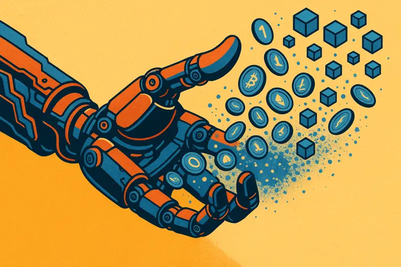 An illustration of a robot hand dissolving into digital entities