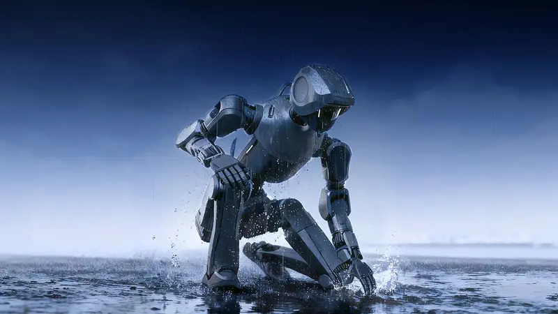 An illustration of Deep Robotics all-weather humanoid robot DR02 kneeling in rain