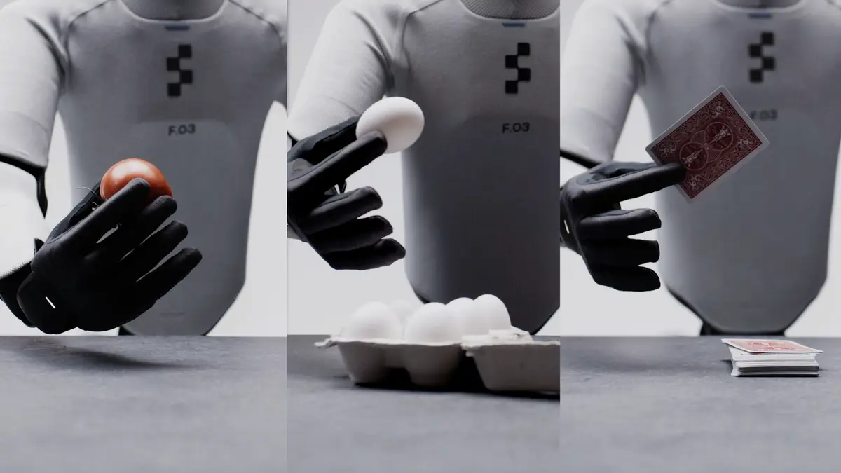 The Figure 03 robot's hand is shown gently handling an apple, an egg, and a playing card, demonstrating its dexterity.