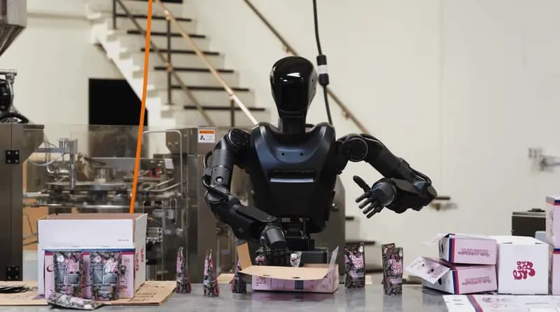 A Foundation humanoid robot in a warehouse setting