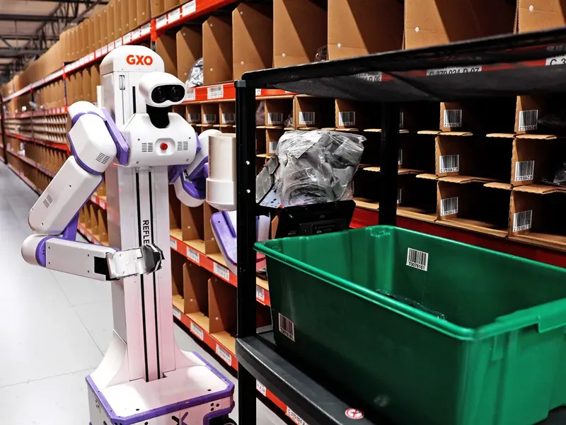 A Reflex Robotics Humanoid Robot working at a GXO warehouse