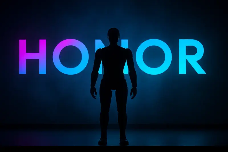 An illustration of a humanoid robot standing in shadow on a stage with the Honor logo as a backdrop