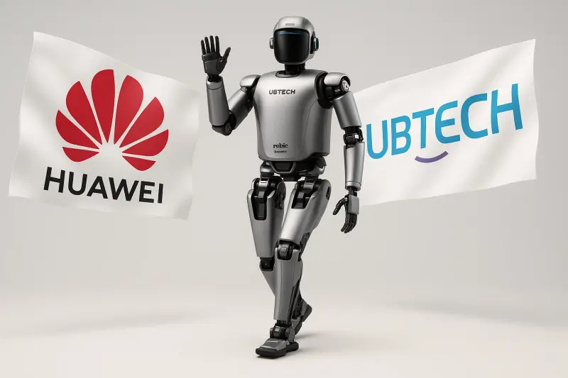 AI generated image of Huawei and Ubtech logotypes and a humanoid robot