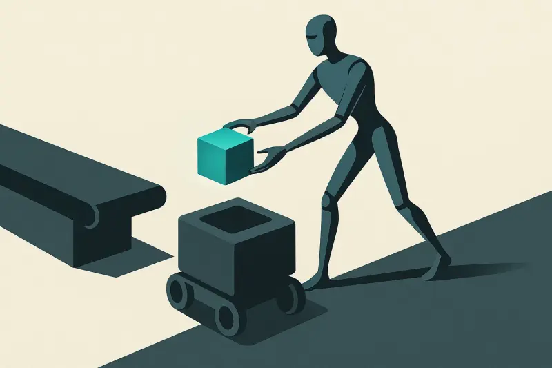 An illustration showing a humanoid robot moving a box from a conveyor belt unto a mobile wheeled robot