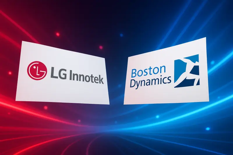 LG Innotek and Boston Dynamics logotypes on an abstract background