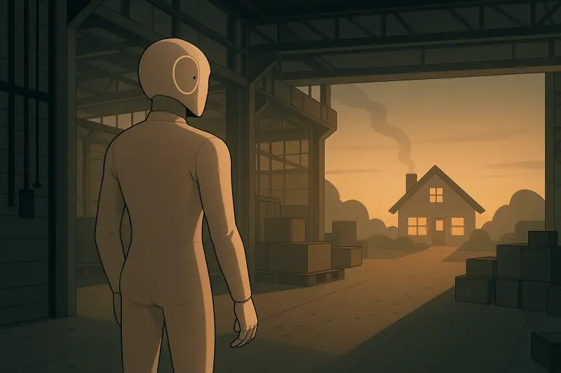 An illustration of a humanoid robot standing in a warehouse looking at a house in the far