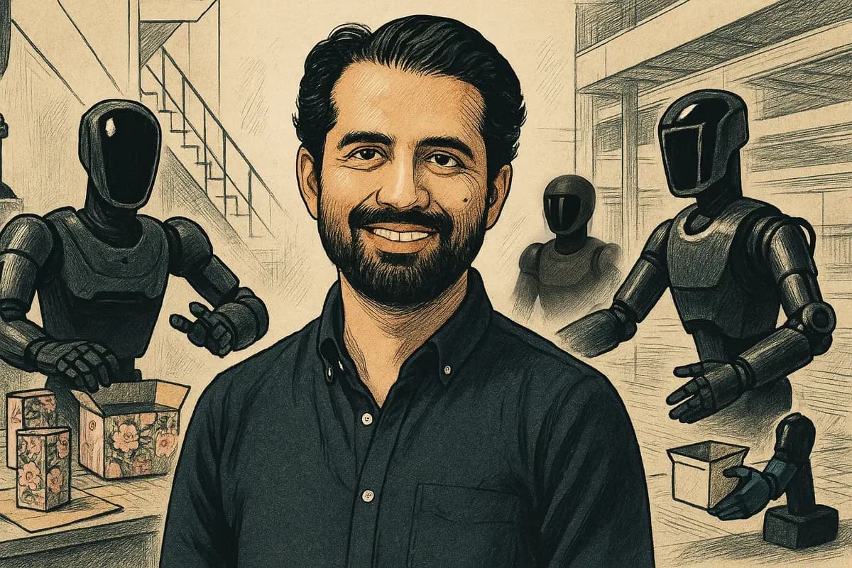 An illustration of Foundation CEO Sankaet Pathak surrounded by humanoid robots