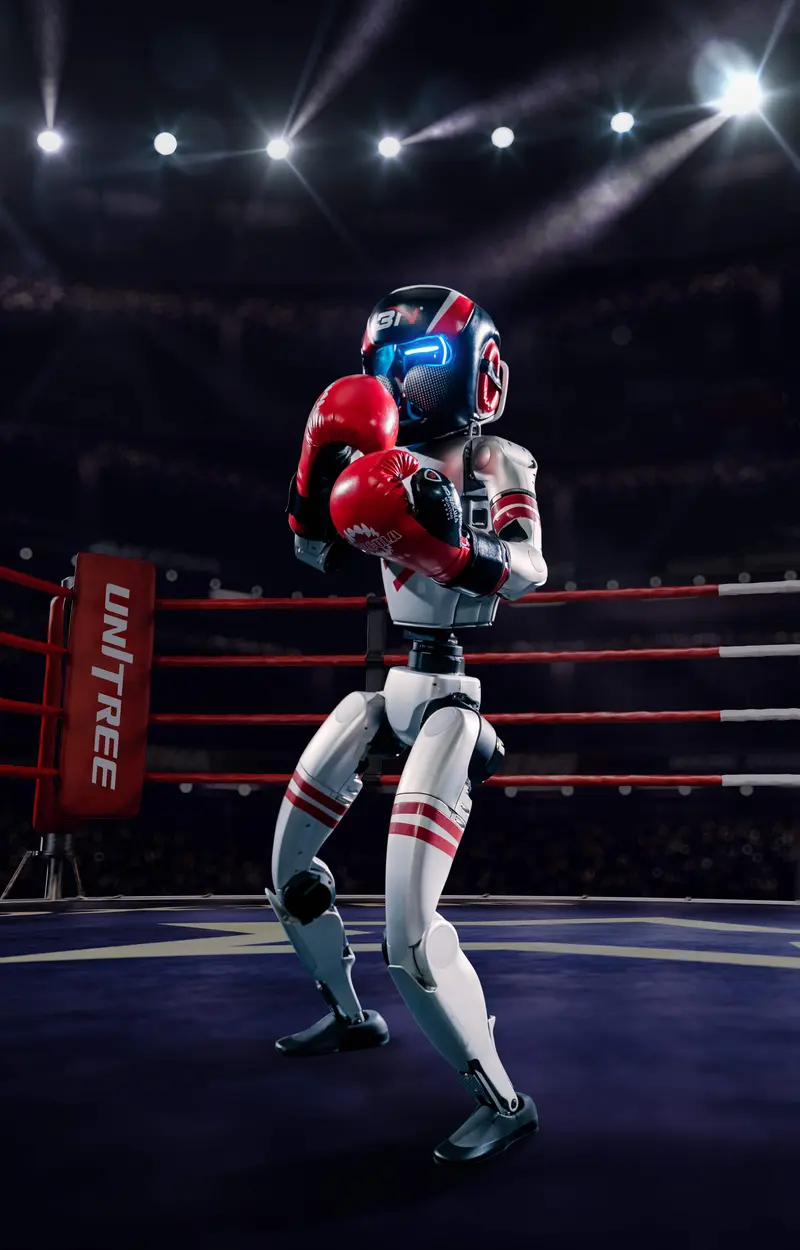 A Unitree G1 humanoid robot ready for boxing