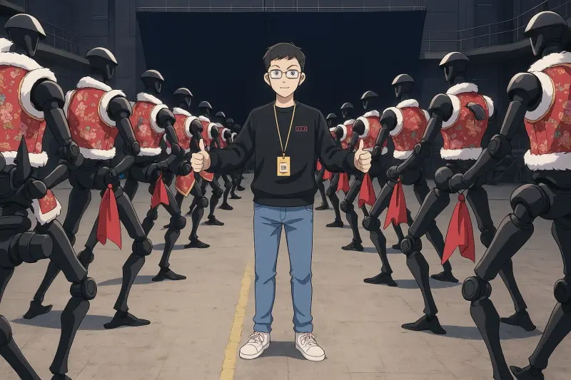 Anime illustration of Unitree CEO Wang XingXing among humanoid robots