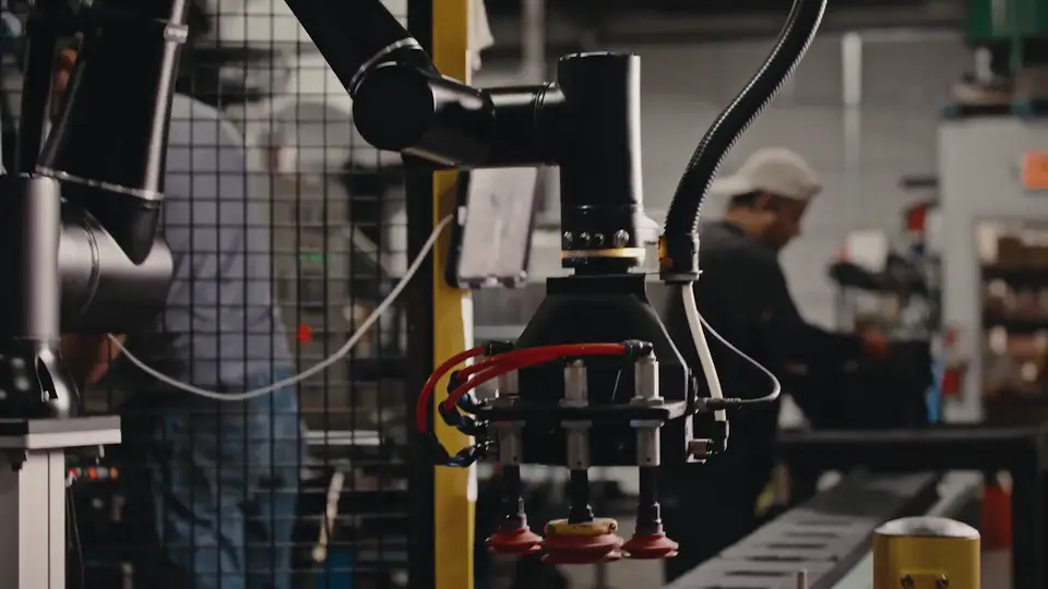 Standard Bots robotic arm operating machinery in a workshop