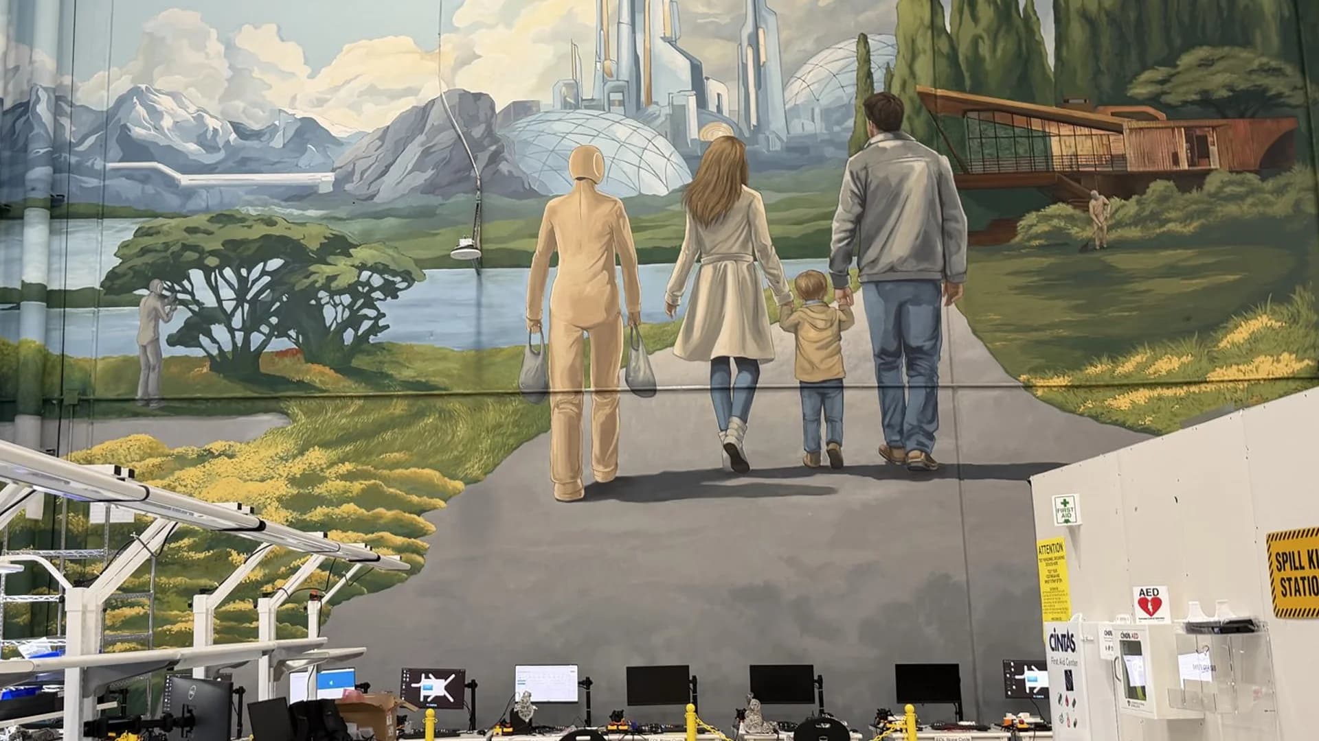 A large-scale mural on a factory wall depicting a father, mother, and young child walking along a path toward a futuristic landscape with domes and mountains. Walking alongside them is a beige-colored NEO humanoid robot carrying grocery bags.
