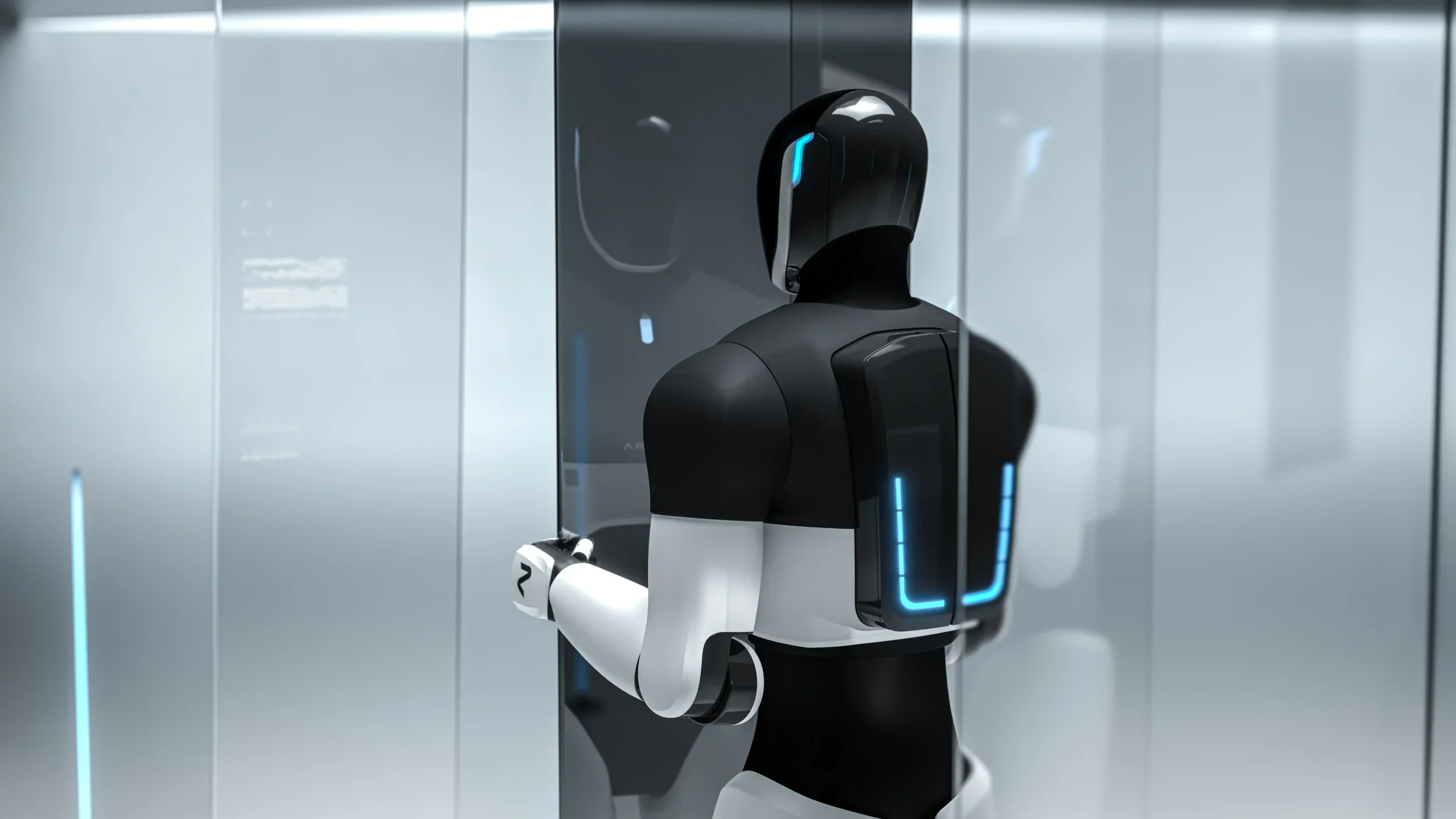 A rear view of the 4NE-1 Gen 3.5 humanoid robot showing a black backpack-style unit with a U-shaped blue LED light strip. The robot has a white lower torso and arms, with a "7" logo visible on its right hand.