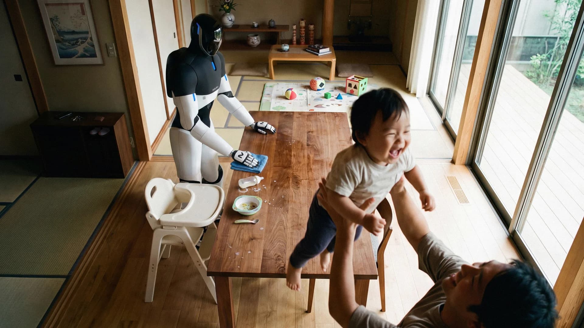 A NEURA Robotics 4NE-1 humanoid robot wipes a wooden dining table with a blue cloth in a domestic living space. In the blurred foreground, a man joyfully lifts a baby into the air.