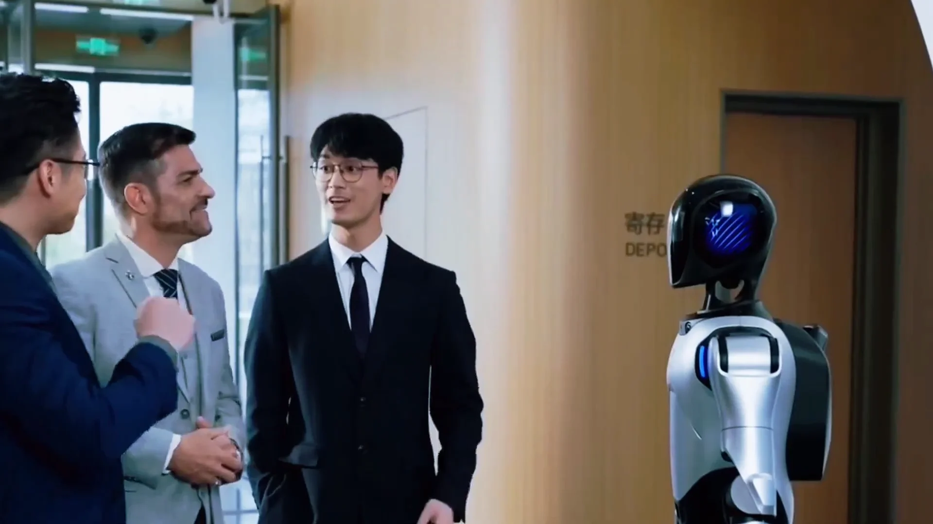 Three men in business attire stand in a modern lobby, smiling and engaging with a silver and black AgiBot A2 humanoid robot. The robot, which features a digital face screen, appears to be acting as a greeter or guide.