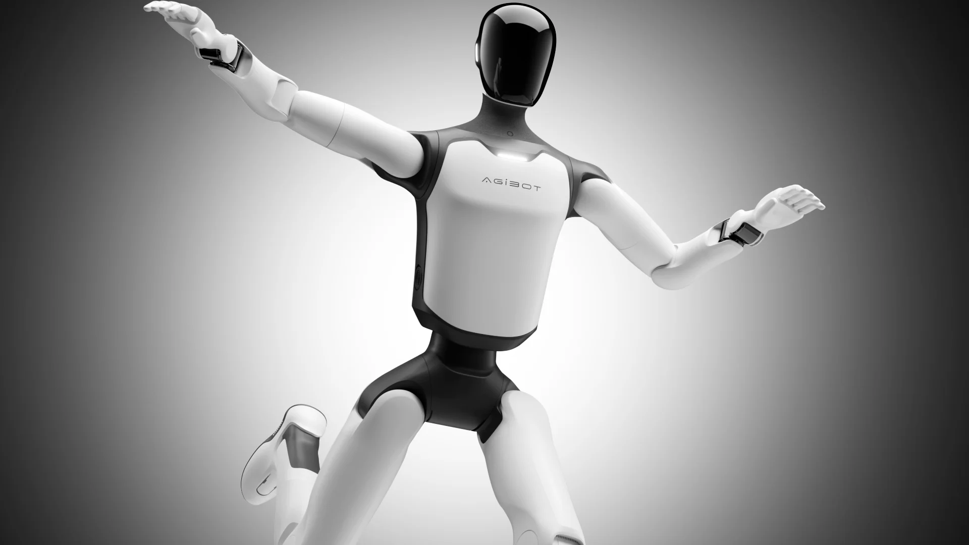 A sleek white and black AGIBOT A3 humanoid robot captured in a dynamic, mid-motion pose resembling a dance or athletic maneuver. The robot has its arms outstretched and one leg lifted, set against a clean, neutral grey gradient background.