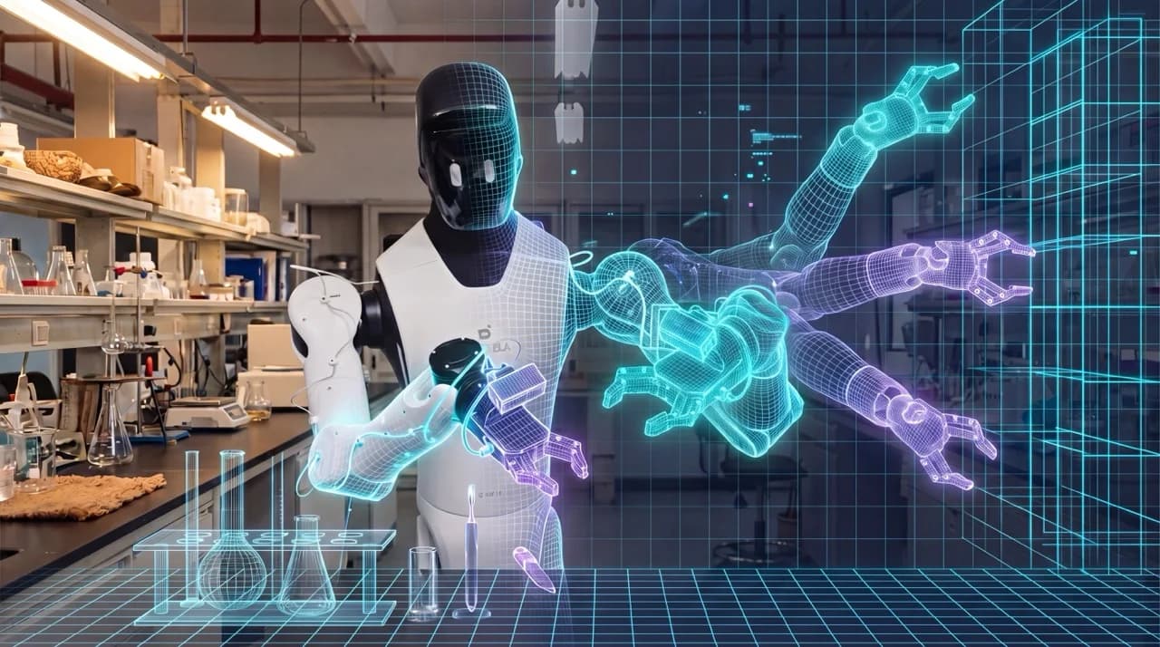 An AI-generated image of an AGIBOT G2 robot in a laboratory environment. The robot is depicted with a glowing cyan digital wireframe on its right side, with multiple translucent 'ghost' arms representing various predicted action trajectories. A digital grid overlays the lab equipment, symbolizing the transition from real-world perception to interactive world simulation.