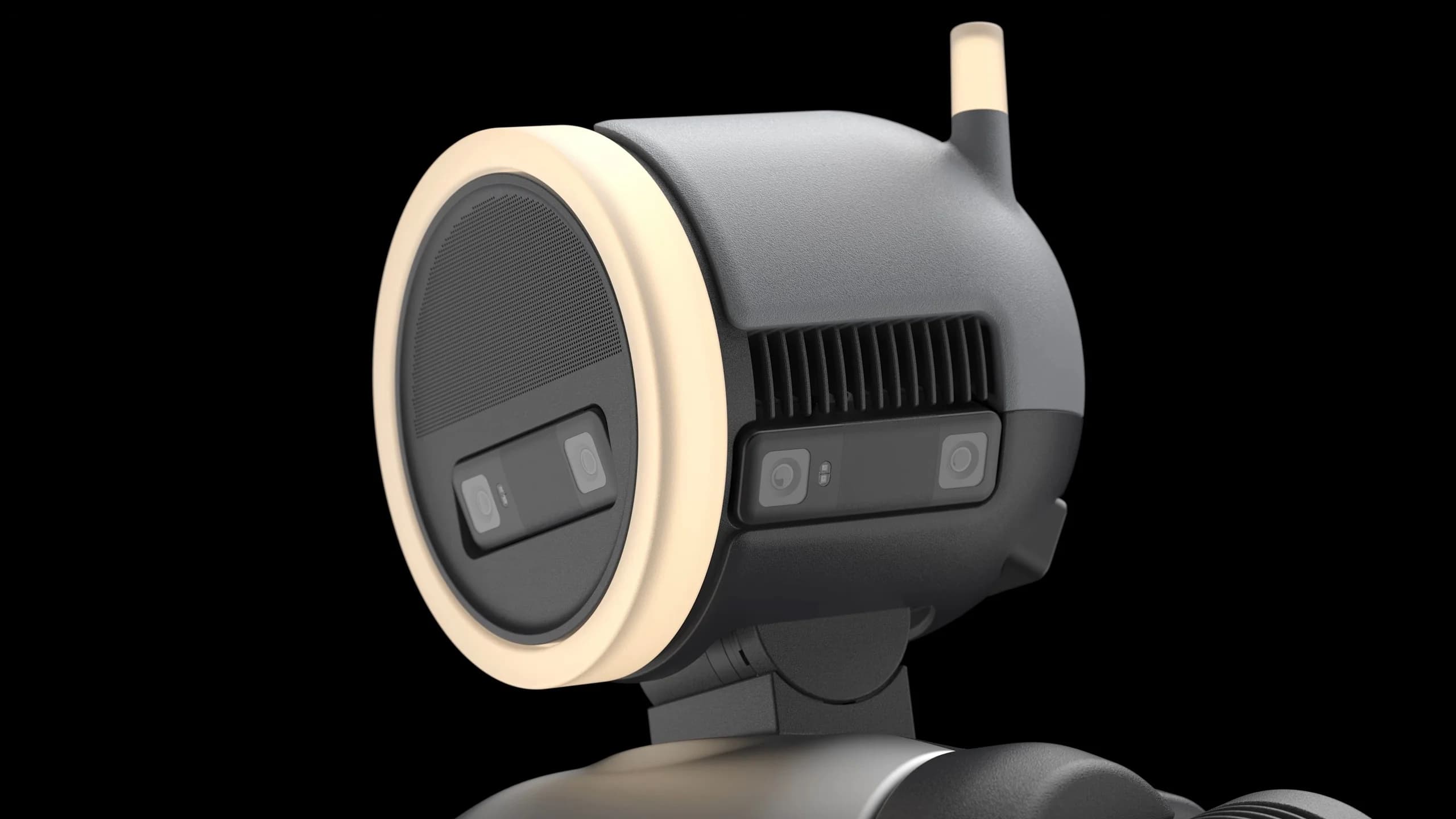 A close-up side-profile view of the all-electric Boston Dynamics Atlas robot's head. The design features a prominent glowing circular light ring, integrated perception sensors, and a small illuminated mast at the rear. The head is tilted slightly forward on its mechanical neck joint.