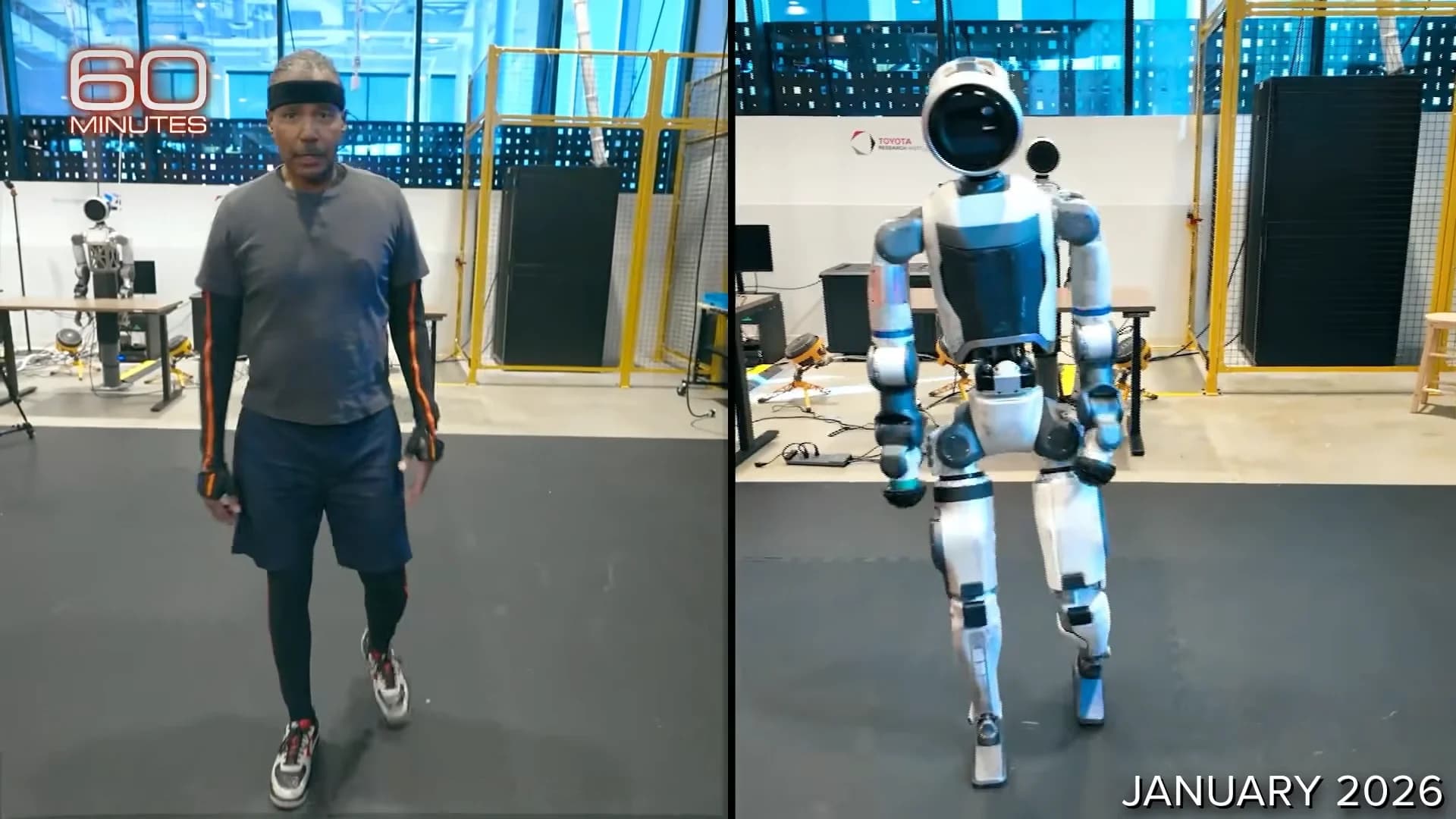 A split-screen comparison from a 60 Minutes segment. On the left, correspondent Bill Whitaker wears a motion-capture suit with a headband and arm sensors. On the right, the all-electric Atlas robot mimics his walking gait within a laboratory setting at Boston Dynamics.