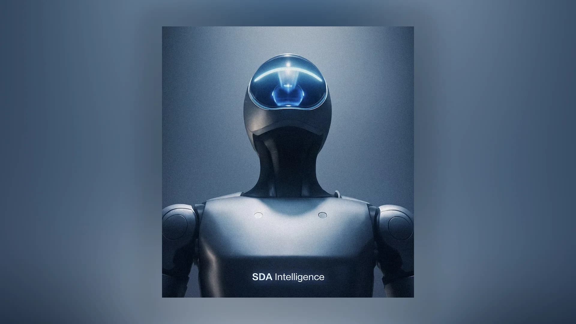 A front-facing view of the upper body of Changan's "Xiao’an" humanoid robot. The robot features a dark metallic torso with "SDA Intelligence" printed on the chest and a dome-shaped head with a glowing blue visor containing a horizontal light strip.