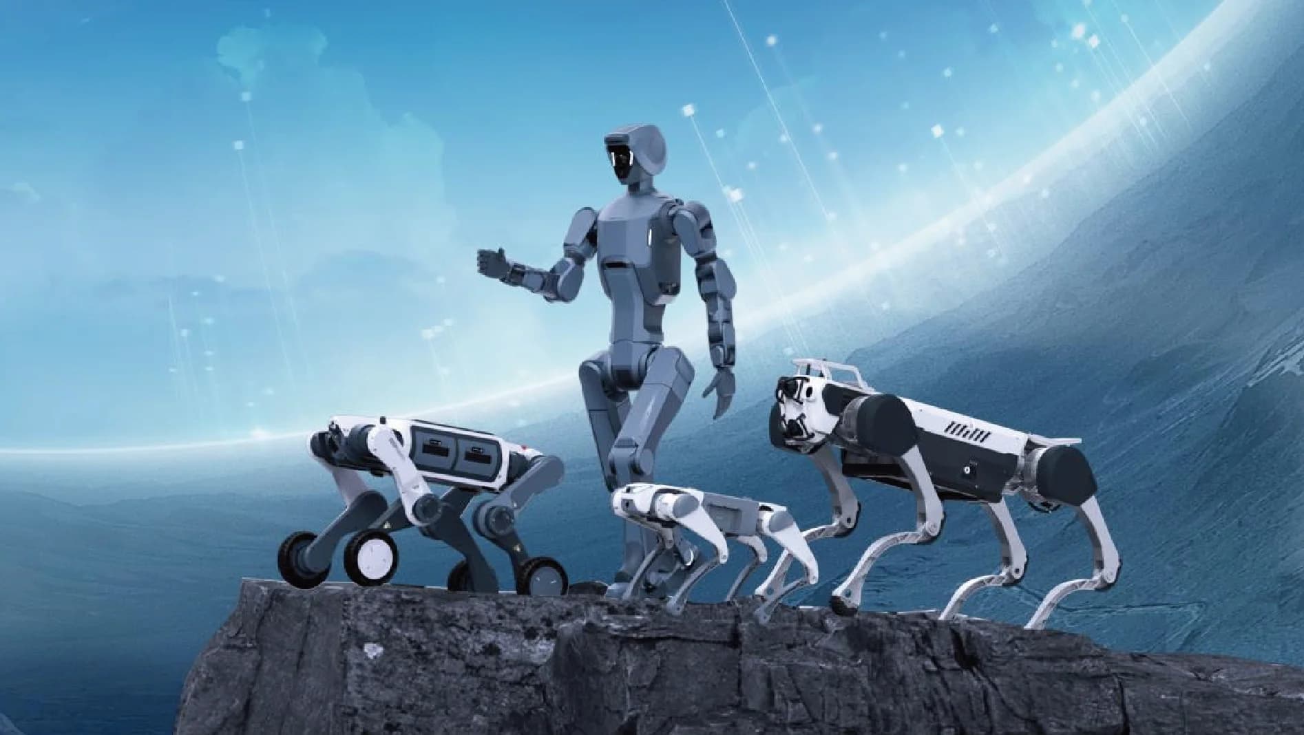 A digital illustration of the Deep Robotics product family on a rocky cliff, featuring a wheeled-legged robot, the DR02 humanoid, and Jueying quadrupeds.
