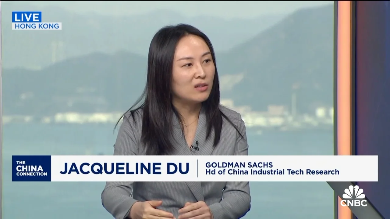 A broadcast screenshot from CNBC showing Jacqueline Du, Head of China Industrial Tech Research at Goldman Sachs, speaking during an interview. The lower third graphic identifies her and reads "The China Connection."