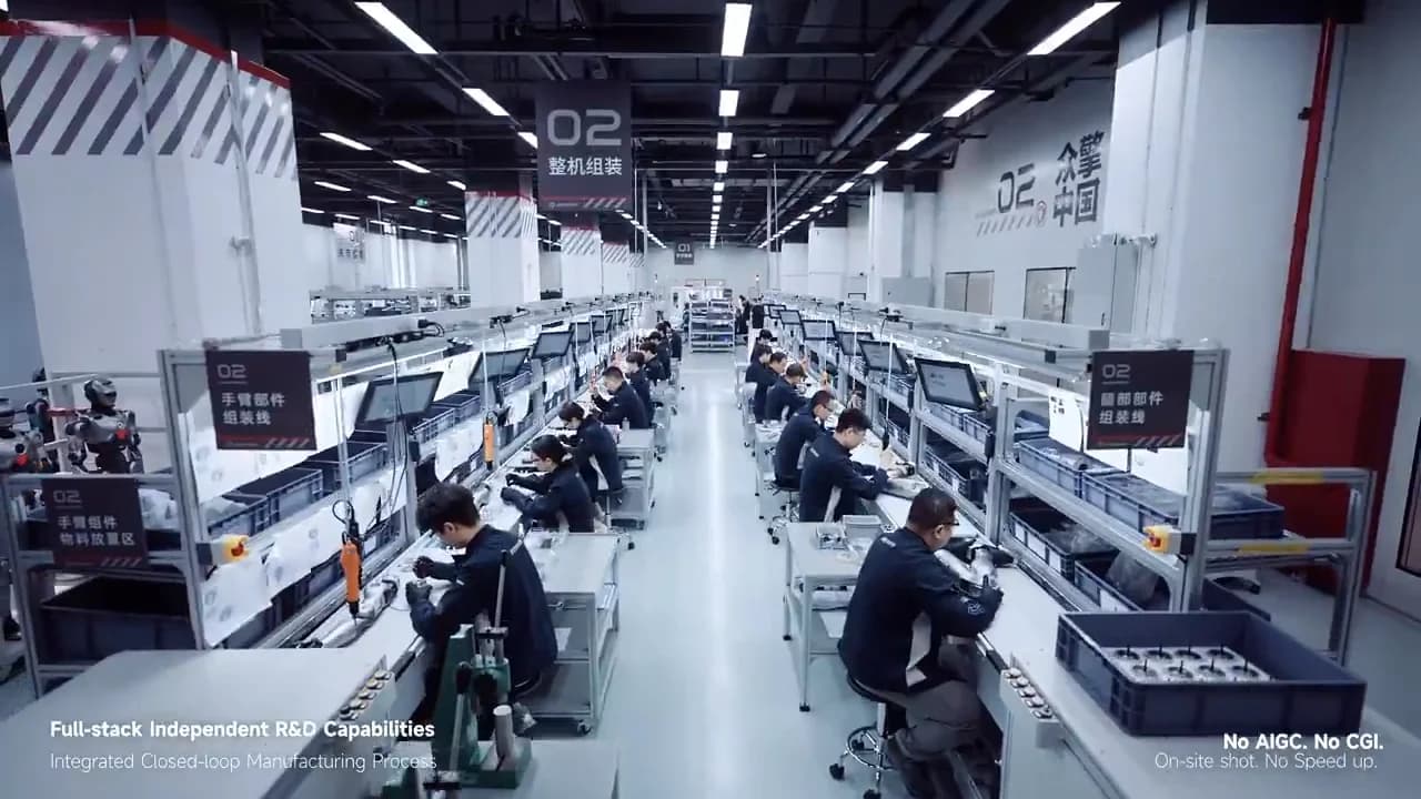 A wide, elevated view of a bright, modern factory floor where dozens of human workers are seated at long assembly lines, putting together robotic components.
