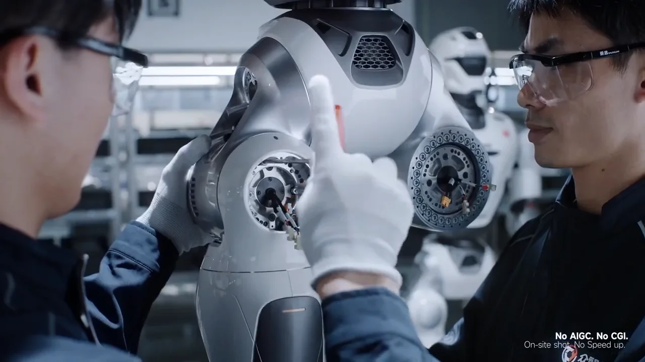 Close-up of two technicians wearing safety glasses and white gloves meticulously assembling the shoulder and torso components of a white EngineAI robot.