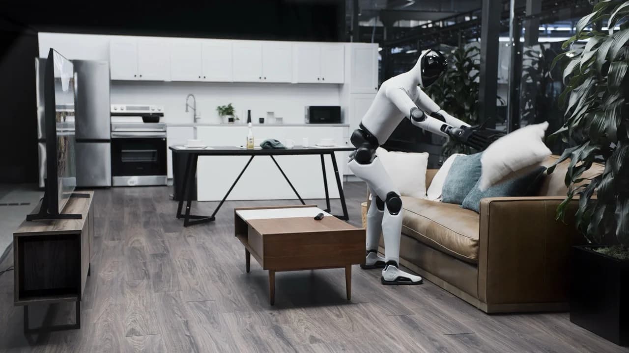 The Figure 03 robot stands next to a tan leather couch, captured mid-motion as it tosses a white throw pillow onto the cushions.