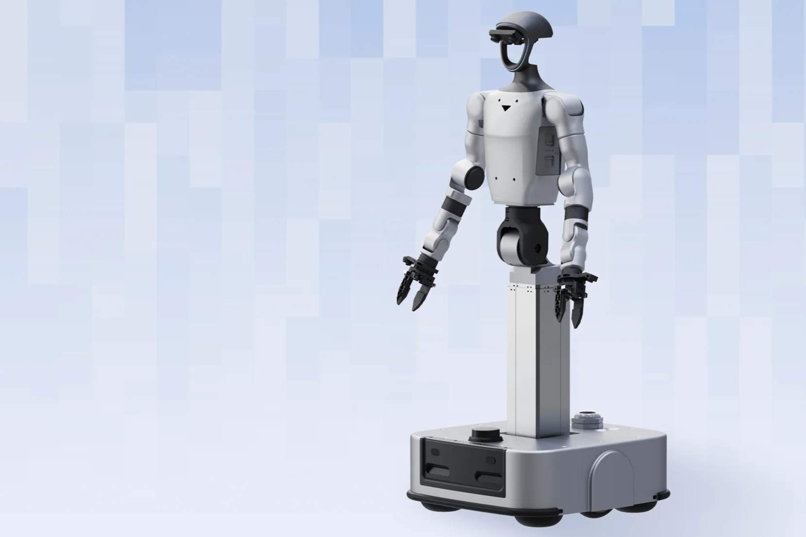 A full-body studio shot of the Unitree G1-D, showcasing its 7-DOF humanoid arms and the new differential drive wheeled chassis equipped with LiDAR and depth sensors.