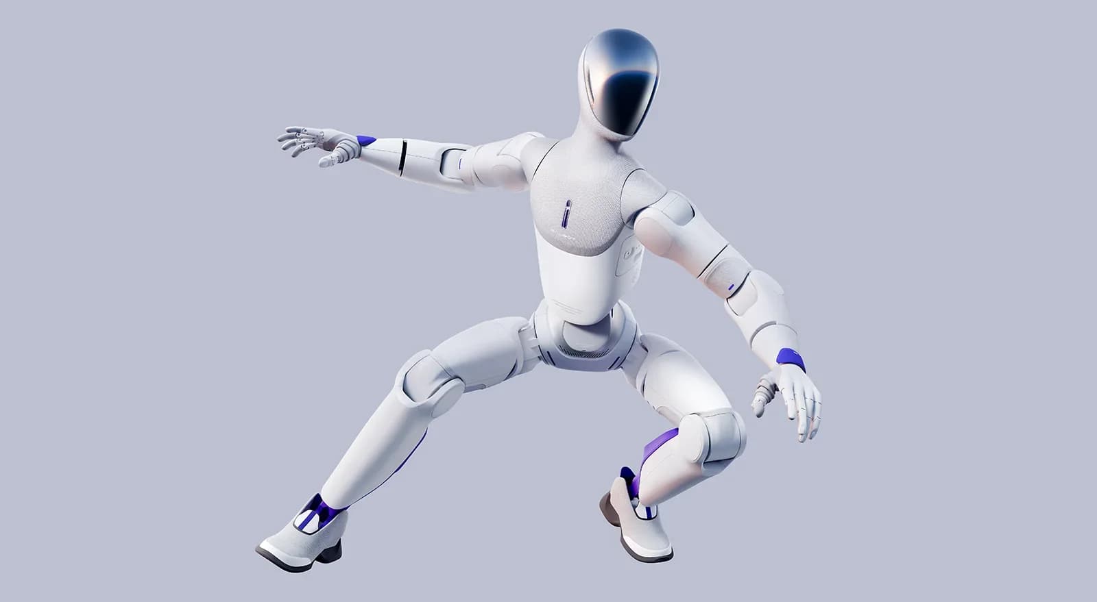 A sleek, white Galbot ET1 bipedal humanoid robot captured mid-motion in a dynamic, low athletic stance against a neutral gray background, featuring articulated five-fingered hands, blue accent trim, and an aerodynamic visor head.