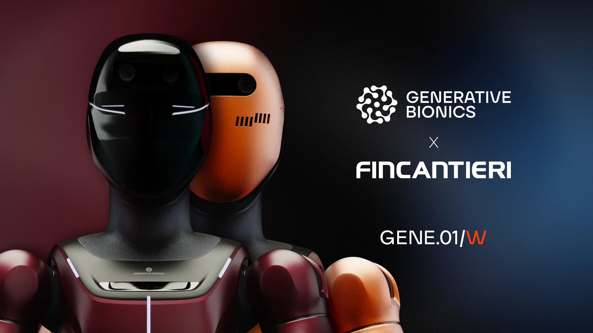 Promotional graphic featuring the Generative Bionics and Fincantieri logos alongside the GENE.01/W designation and a render of the welding humanoid.