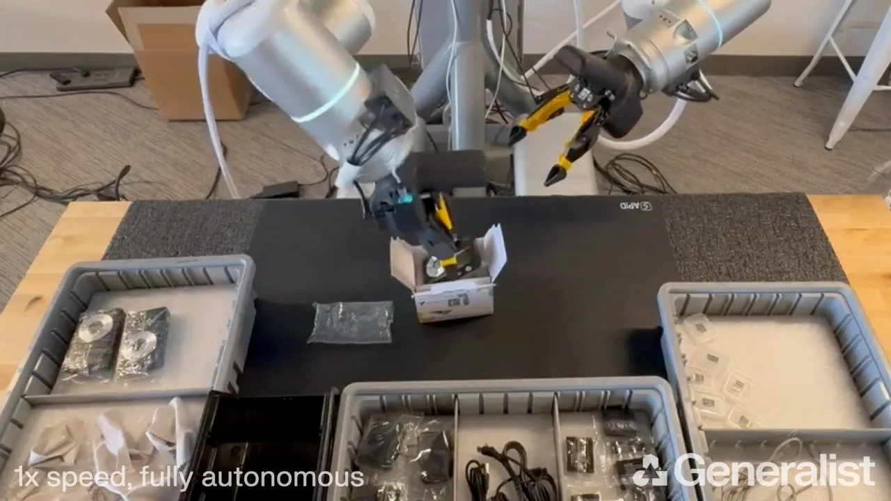A screenshot of a video by Generalist showing a robot doing a high dexterity task
