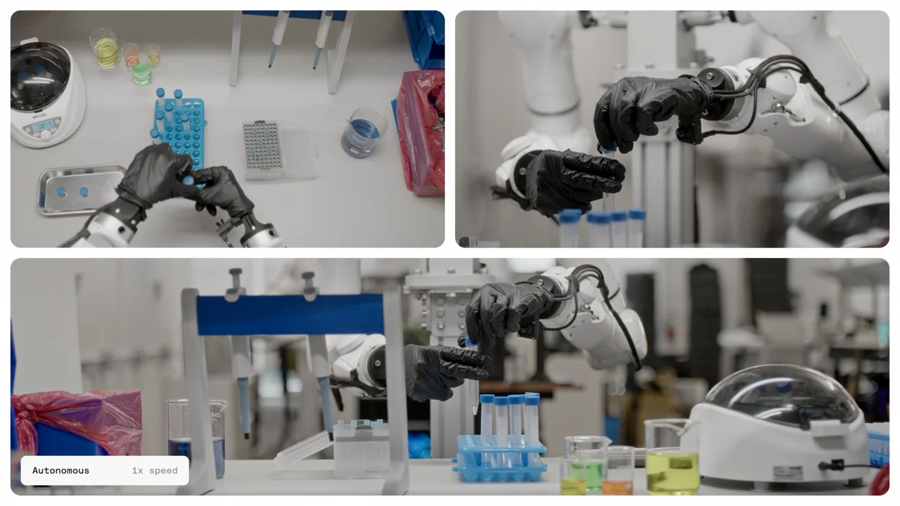A white robotic arm with a black-gloved hand performing high-precision liquid transfer between test tubes in a laboratory setting.