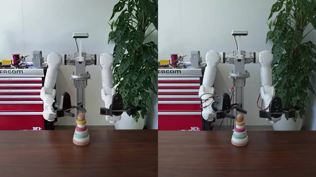 A side-by-side visual comparison of a dual-arm robotic setup stacking a wooden ring toy, demonstrating the visual parity between the physical world and the rendered simulated environment.