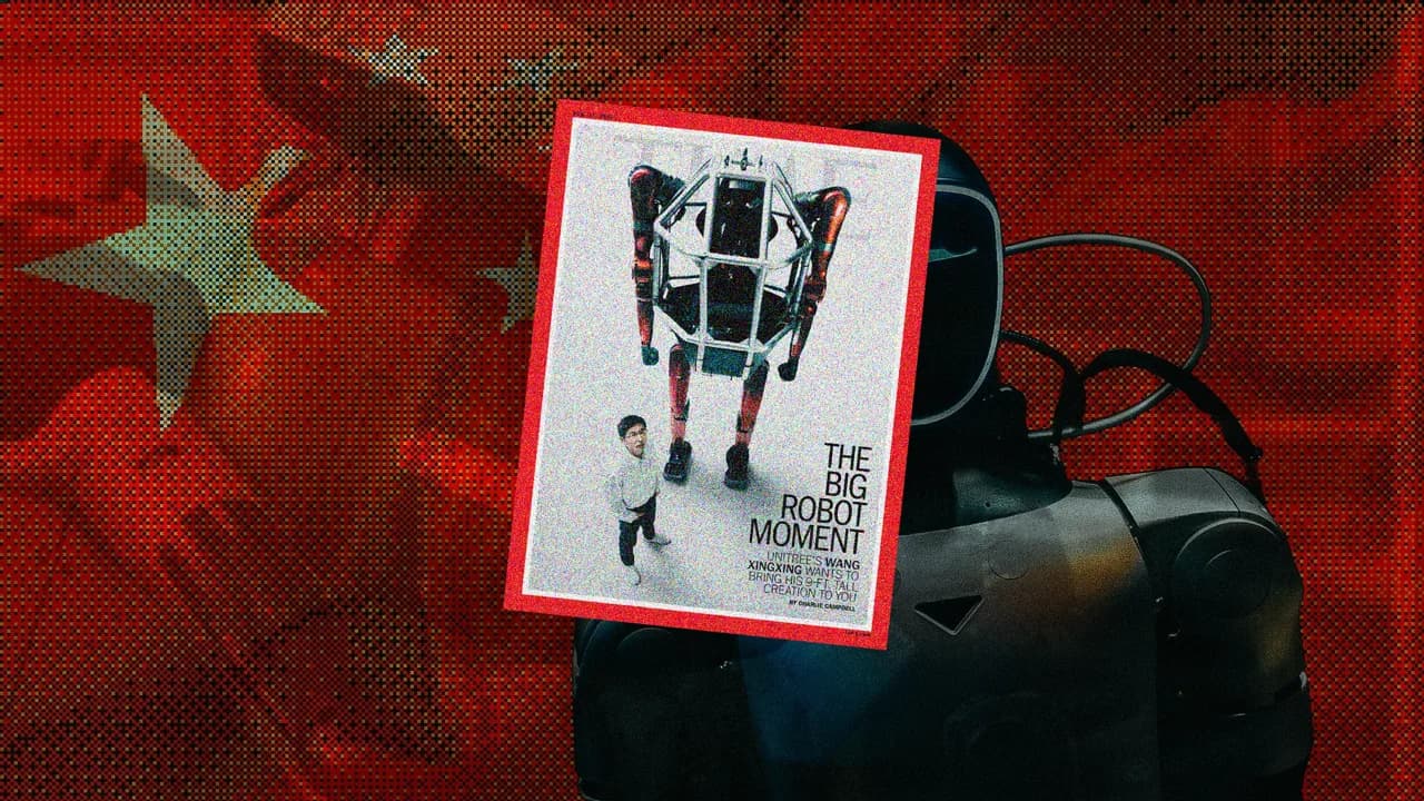 A stylized image collage with a textured background of the Chinese flag with its stars and a dotted overlay. The right side shows the shoulder and torso of a black, industrial humanoid robot, partially obscuring the flag. In the center, a graphic of a Time Magazine cover is floating. The cover features a small man, Unitree founder Wang Xingxing, looking up at a massive, red and silver-framed bipedal robot (the GD01 mecha). The cover title reads, "THE BIG ROBOT MOMENT," with the subtitle: "UNITREE'S WANG XINGXING WANTS TO BRING HIS 9-FT. TALL CREATION TO YOU."