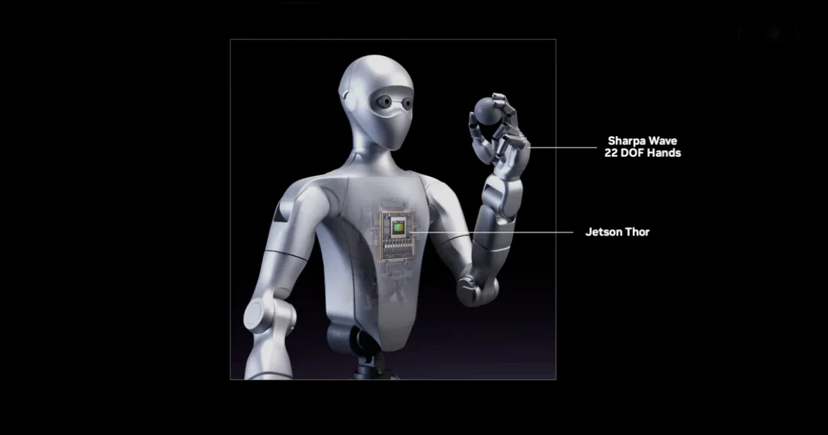 A cropped view of the silver humanoid robot chassis against a black background. White callout lines point to the robot's raised hand, labeled 'Sharpa Wave 22 DOF Hands', and to a semi-transparent chest cutaway revealing an internal processor, labeled 'Jetson Thor'.