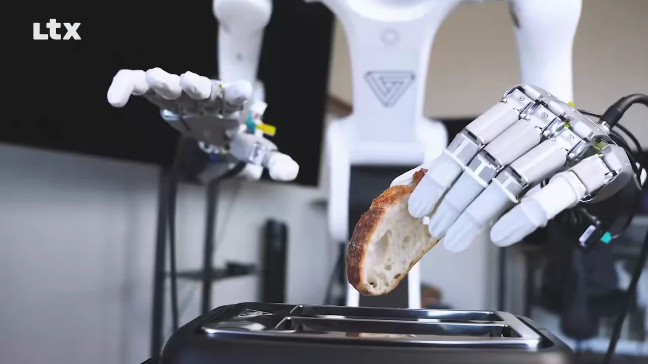A white five-fingered robot hand holds a slice of bread above an open toaster, a second robot arm behind it.