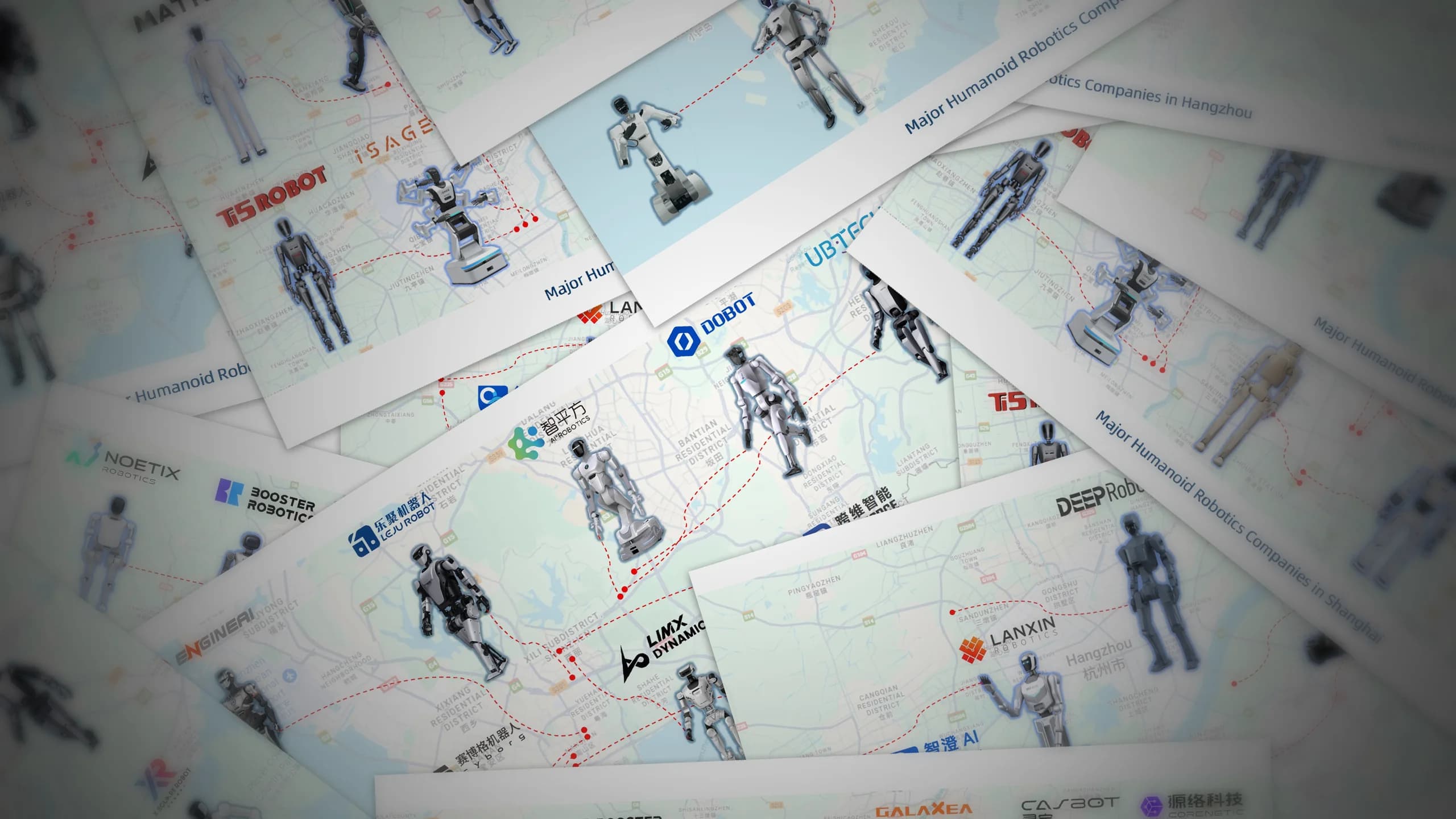 A chaotic collage of four maps illustrating the high density of humanoid robotics companies across Hangzhou, Shanghai, Shenzhen, and Beijing. The overlapping maps feature numerous robot models and company logos—such as UBTECH, LimX Dynamics, and Deep Robotics—pinned to specific city districts, visually representing a crowded market.