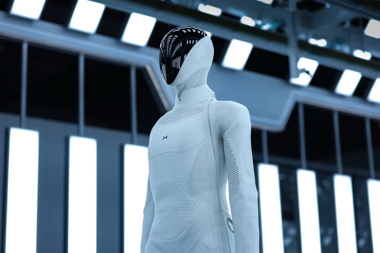 Three-quarter view of the XPENG IRON humanoid robot's upper torso and head inside a modern testing facility. The bipedal robot features a glossy black faceplate visor and a textured white flexible bodysuit with breathable lattice patterns across the chest and neck.