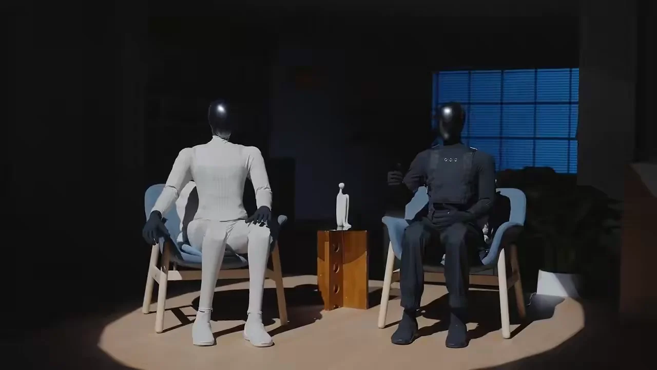 Two KAI humanoid robots are seated in modern armchairs on a dimly lit stage during a press conference. The robot on the left is dressed in a white form-fitting suit, while the one on the right wears a black suit. They are positioned as if in conversation, flanking a small wooden side table with a minimalist white sculpture.