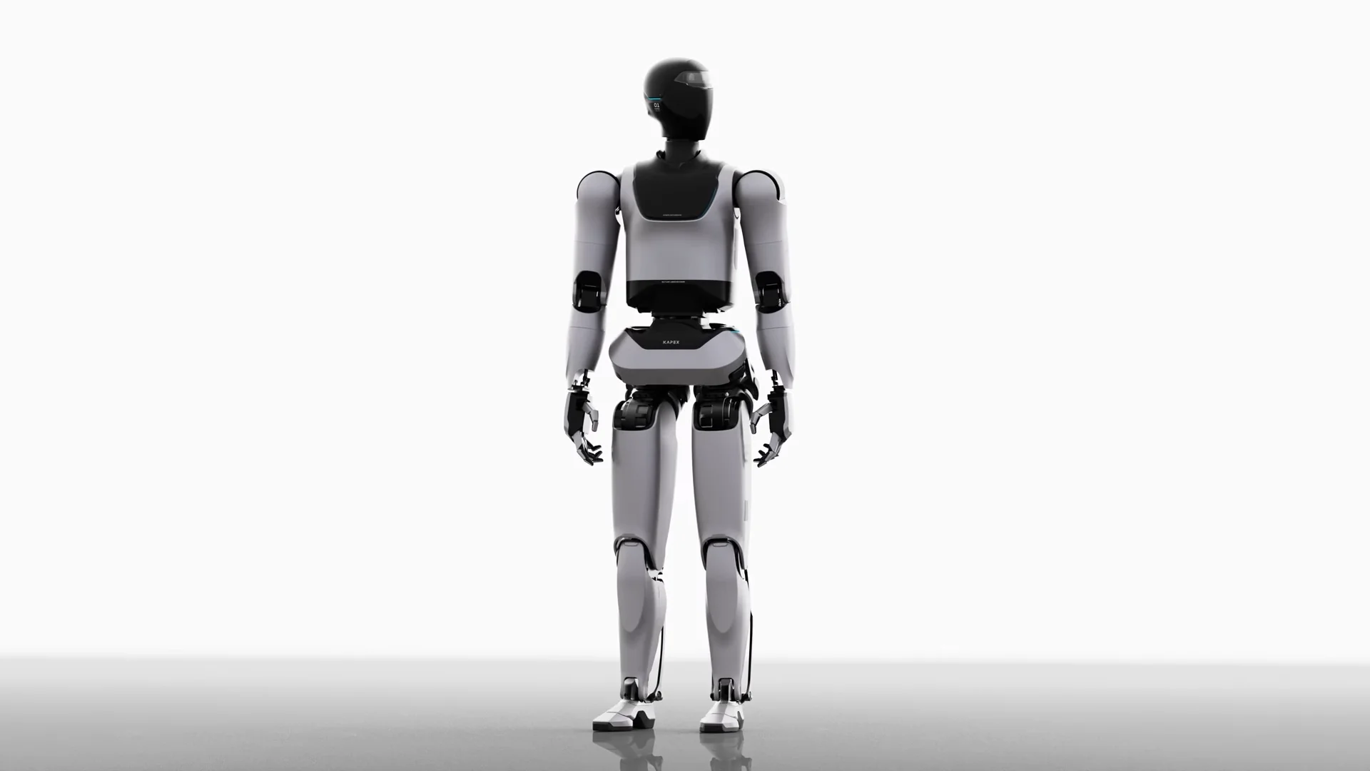 A full-body studio shot of the KAPEX humanoid robot, developed by LG and KIST, standing upright to showcase its bipedal design, high-output actuators, and multi-fingered hands.