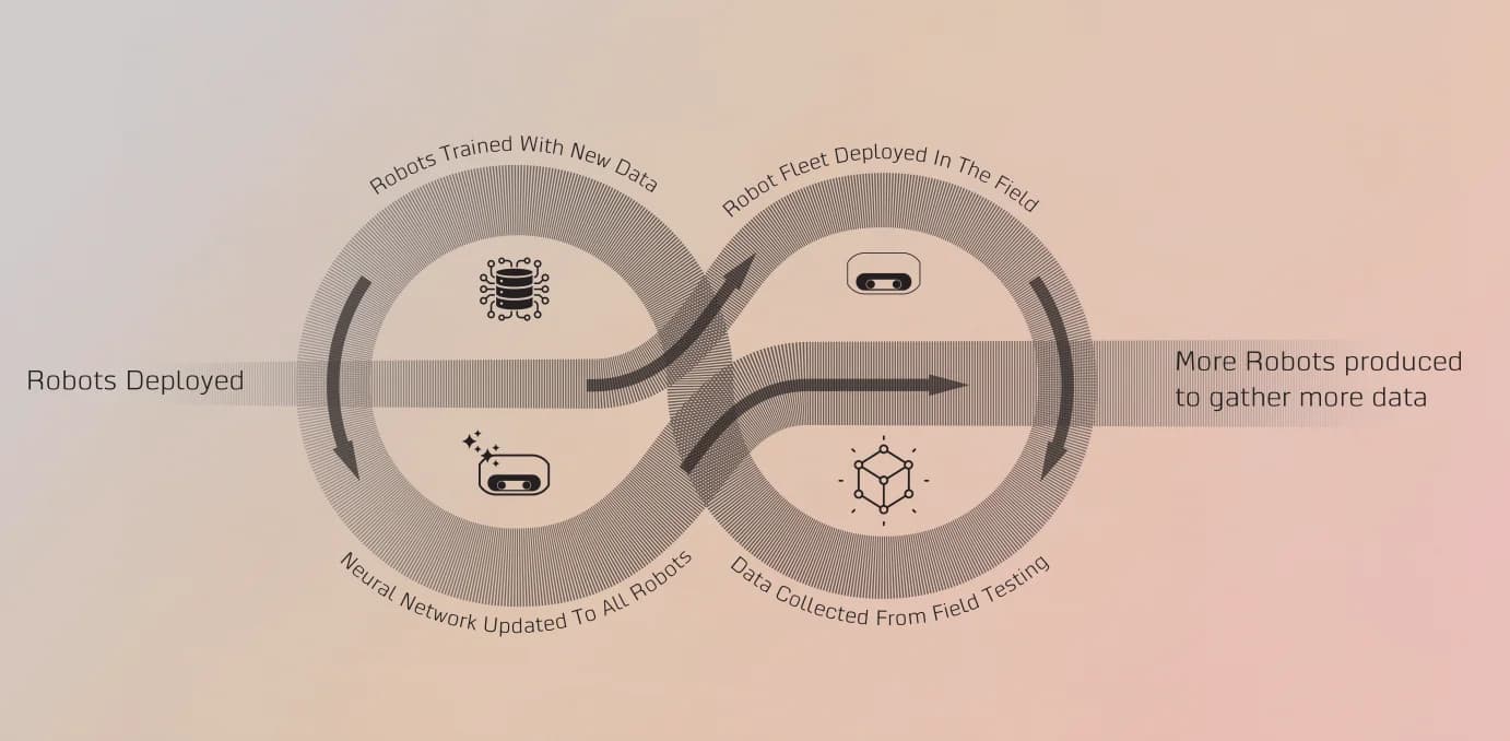 A diagram in the shape of an infinity symbol illustrating a continuous feedback loop. The right side of the loop shows "Robot Fleet Deployed in the Field" collecting data, which flows into the left side labeled "Robots Trained with New Data" and "Neural Network Updated to All Robots." A central arrow cuts through the middle, reading "More Robots produced to gather more data."