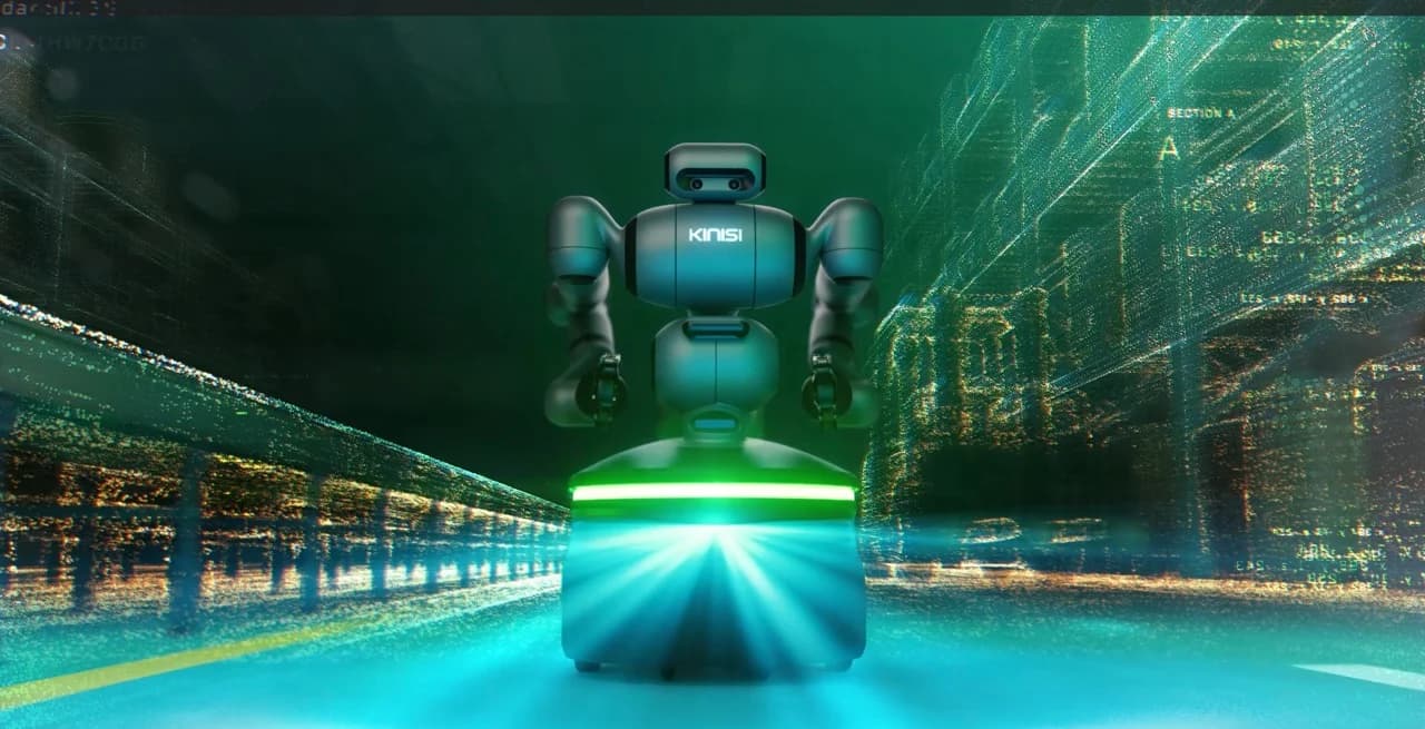 A digital illustration showing the Kinisi robot facing forward. The environment surrounding the robot is rendered as a complex "point cloud" made of thousands of glowing green dots, representing the robot's computer vision scanning and mapping a warehouse aisle.