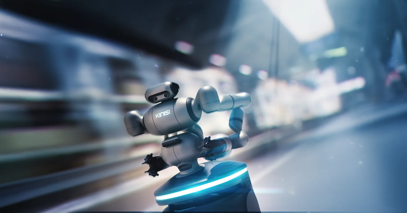 A low-angle shot of the Kinisi KR1 robot moving rapidly through a warehouse aisle. The background is heavily blurred to emphasize speed. The robot features a silver humanoid upper body mounted on a wheeled base with a glowing blue light strip.