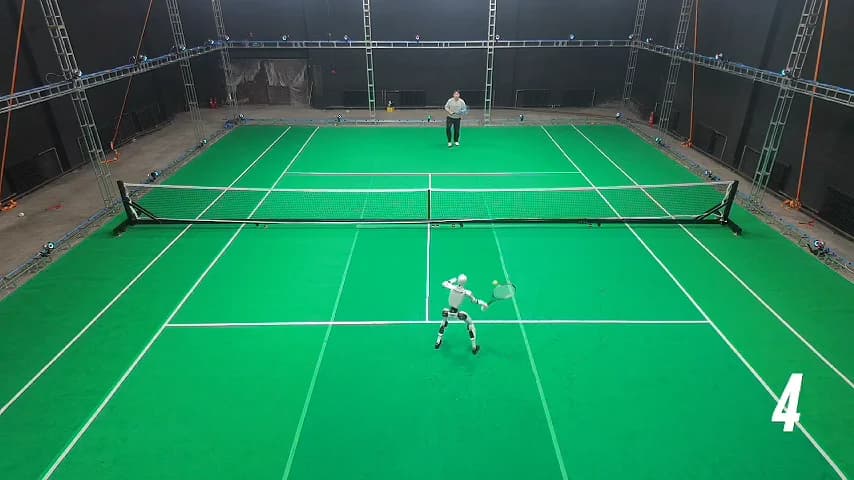 A wide-angle composite photo of a green tennis court showing a Unitree G1 humanoid robot in various positions during a rally. On the far side of the net, a human player hits a ball, while the G1 is depicted in several semi-transparent frames on the near side, demonstrating different footwork and stroke types.